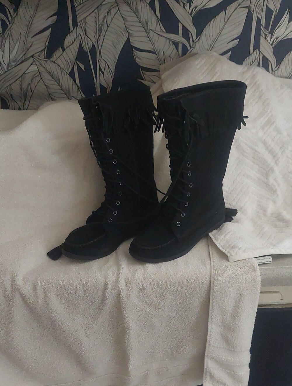 L. L. Bean Women's Black Lace-Up Suede Fringe Mid-Calf Boots - Picture 1 of 3